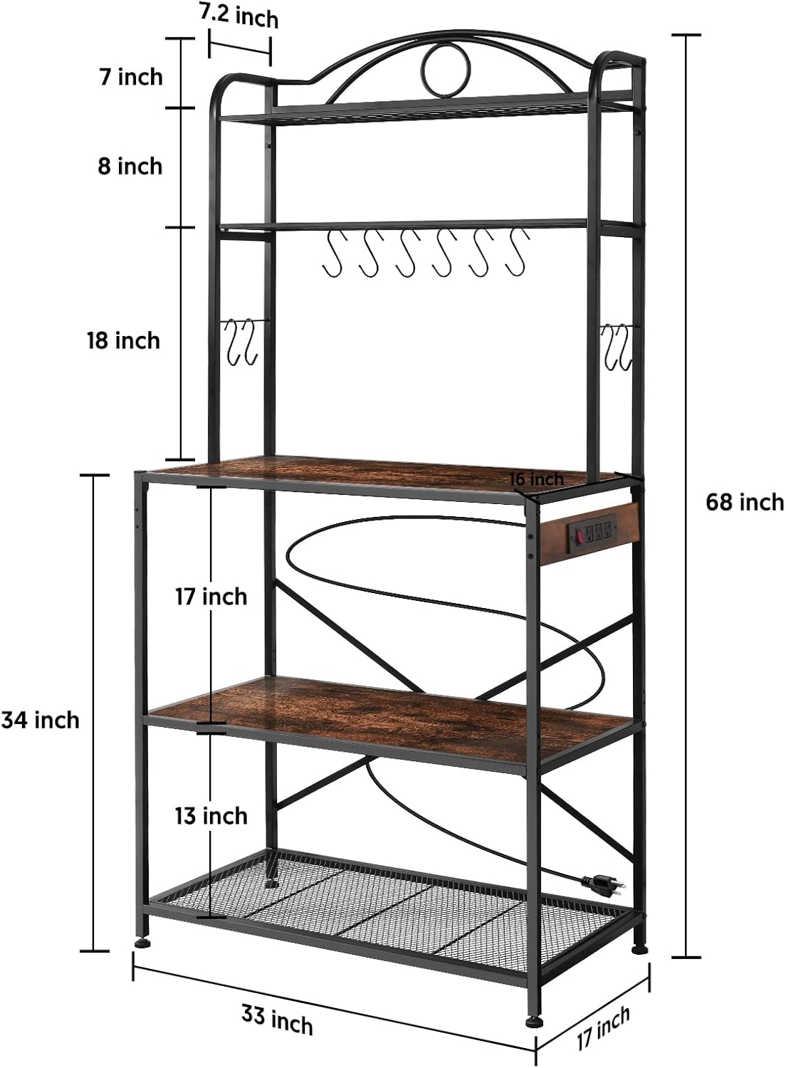 Bakers Rack for Kitchen, 33-inch Wide Coffee Bar Station with Power Outlet, 5 Tier Microwave Stand Storage Shelf with S-Shaped Hooks, Metal Frame with Brown Wood Tabletop
