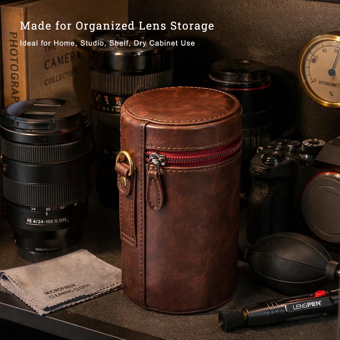 Personalized Camera Lens Storage Case, PU Leather Pouch with Velvet Lining, Custom Engraved Lid for Mirrorless and DSLR Lenses (Dark Brown, length＜ 225mm, diameter ＜ 95mm)