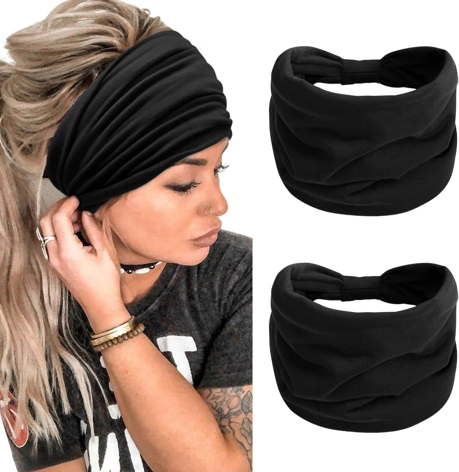 2 Packs Headbands for Women Boho Extra Wide 7’’ Black Head Bands African Knotted Non Slip Fashion Hair Band Stretch Yoga Workout Running Gym Hairbands Turban Bandana for Girls