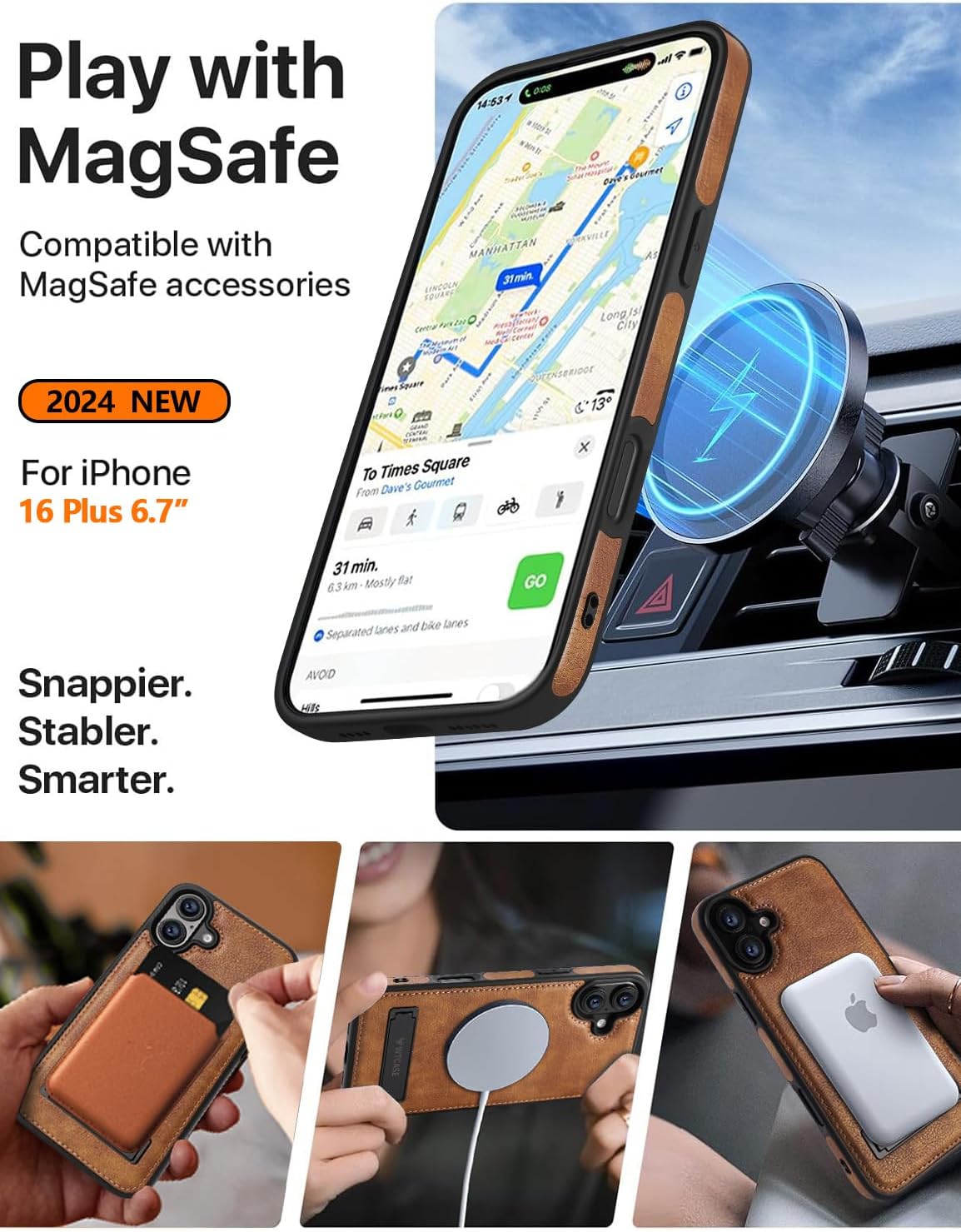 WTCASE Magnetic for iPhone 16 Plus Leather Case,Built-in Invisible Stand [Compatible with Magsafe] Protective Slim Kickstand Phone Cover Compatible with iPhone 16 Plus (2024) 6.7" (Brown)