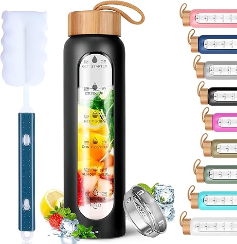 Miniatura 11 de Aqulea Botellas de agua de vidrio de 32 onzas con funda de silicona, botellas de agua motivacionales de vidrio de boca ancha reutilizables sin BPA