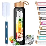 Aqulea Glass Water Bottles 25 Oz with Silicone Sleeve - BPA Free Reusable Wide Mouth Glass Motivational Water Bottles with Fruit Infuser - Leak Proof Borosilicate Water Bottle with Time Marker (Black)