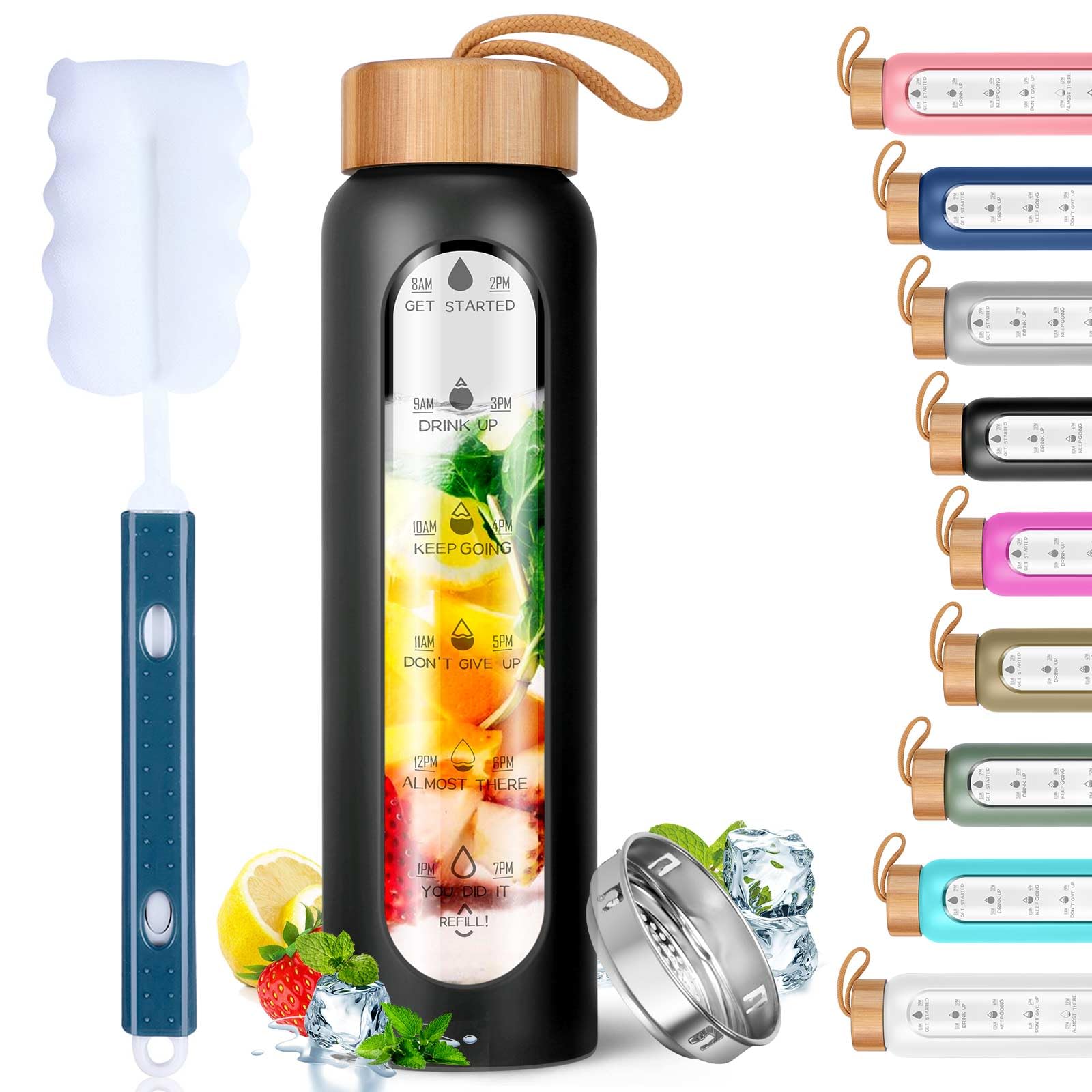 Aqulea Glass Water Bottles 32 Oz with Silicone Sleeve - BPA Free Reusable Wide Mouth Glass Motivational Water Bottles with Fruit Infuser – Leak Proof Borosilicate Water Bottle with Time Marker (Black)