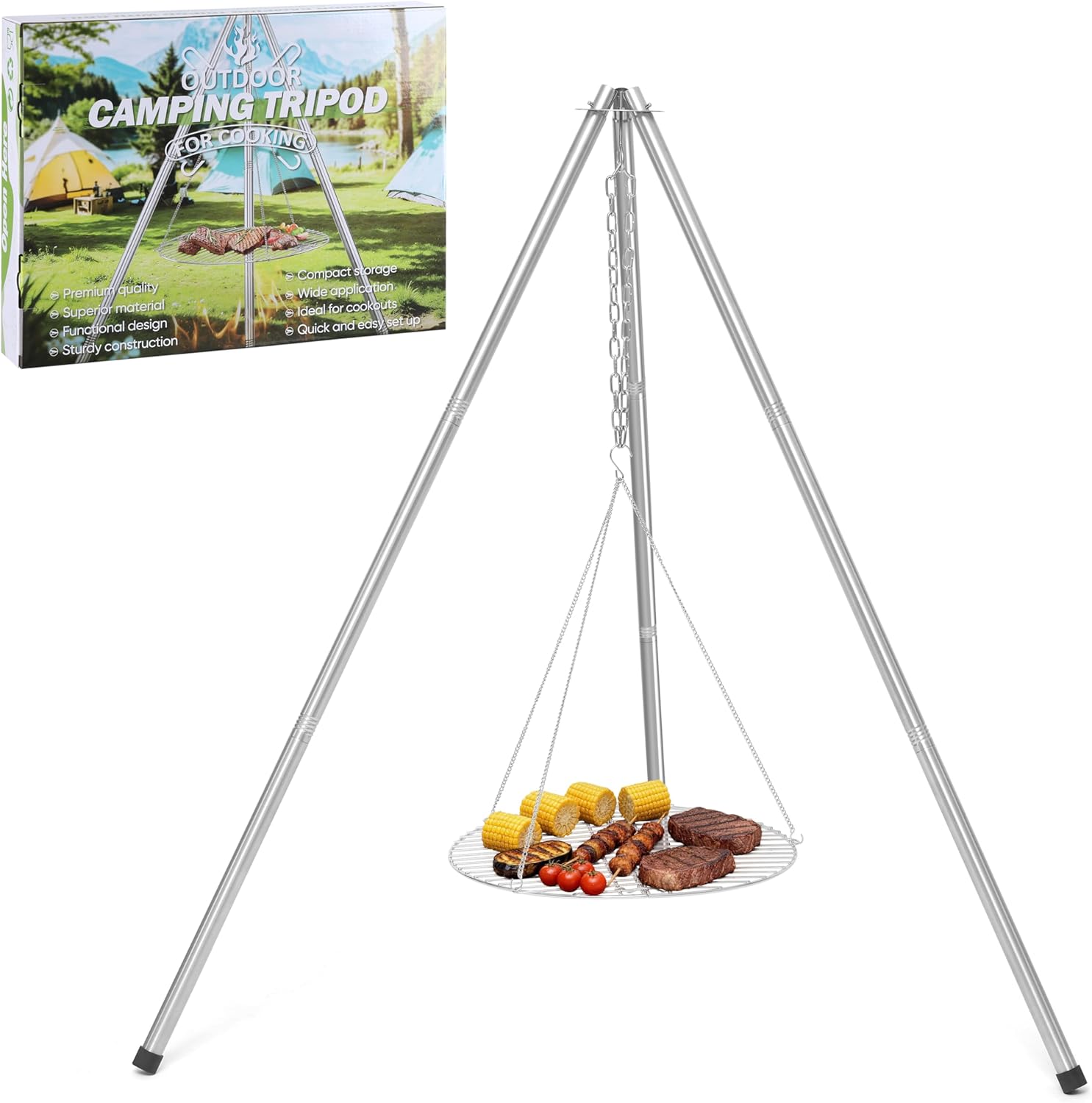 HaSteeL Campfire Tripod for Cooking, Stainless Steel Camping Tripod Grill for Outdoors Beach Backyard Firepit BBQ, Openfirer Stand Hanger with 17” Folding Rack & 6 Barbecue Tools, Adjustable Height
