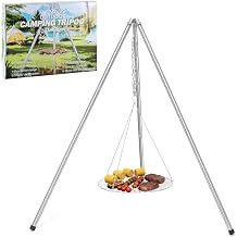 Stainless Steel Campfire Tripod for Cooking, HaSteeL Camping Tripod Grill with 17 Folding Grate, Heavy Duty Openfire Stand Hanger for Outdoors Beach Firepit BBQ, Detachable Handle, Adjustable Height