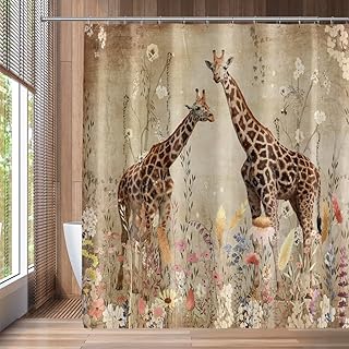QZJDX Giraffe Shower Curtain for Bathroom Vintage Floral Wildflowers Plants Giraffe Couple Africa Wild Animals Decor Fabric Bath Curtains 70