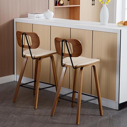 Miniatura 4 de HEAH-YO Juego de 2 taburetes de ratán de 26 pulgadas de altura de mostrador con respaldos y patas de madera, moderno taburete de ratán de piel