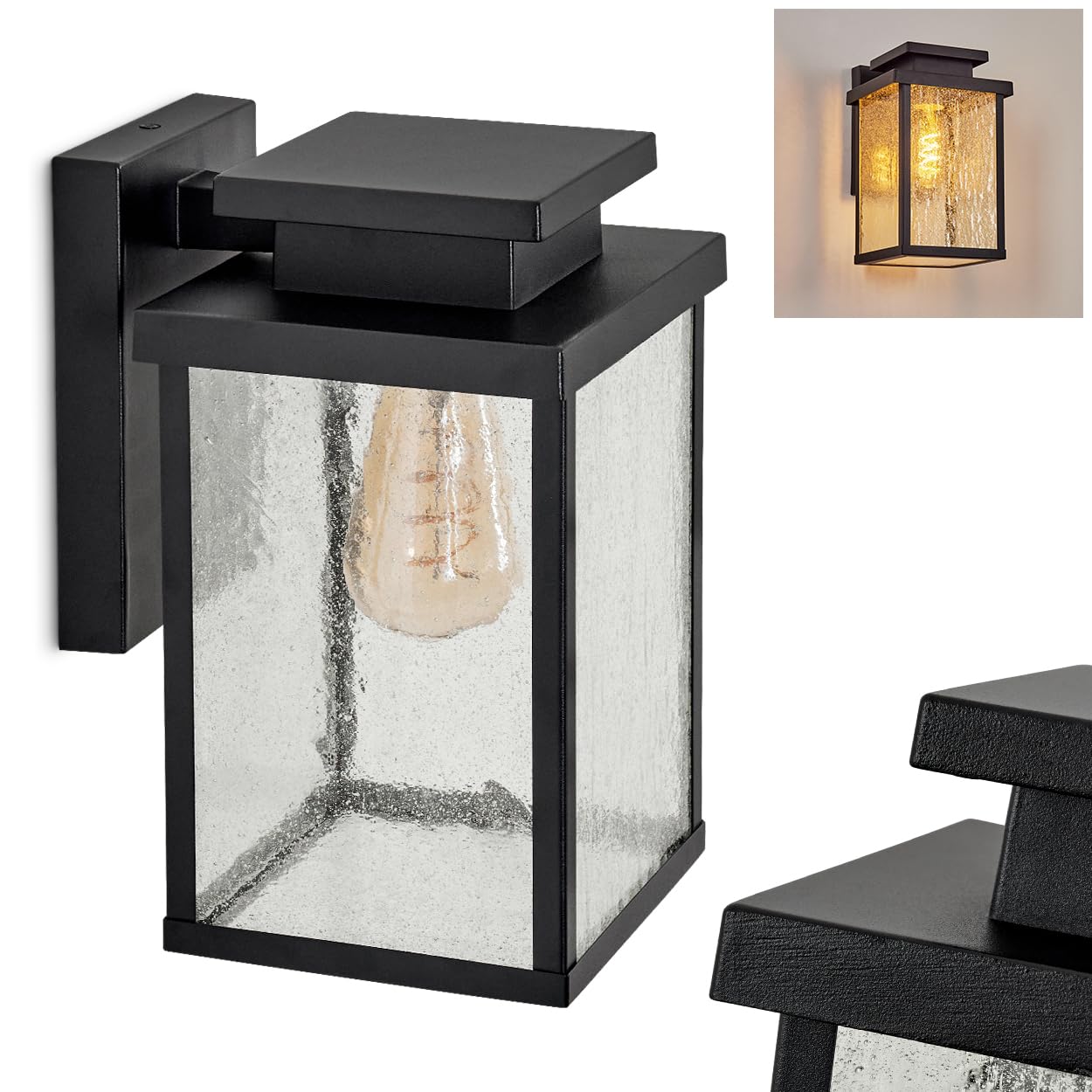 Tieva Outdoor wall Light, Modern Downward wall Light Made of Metal/Glass in Black/Clear with Bubbles, wall Light in Retro/Vintage Style, Outdoor Light for Patio, 1 x E27, Without Bulb, IP44