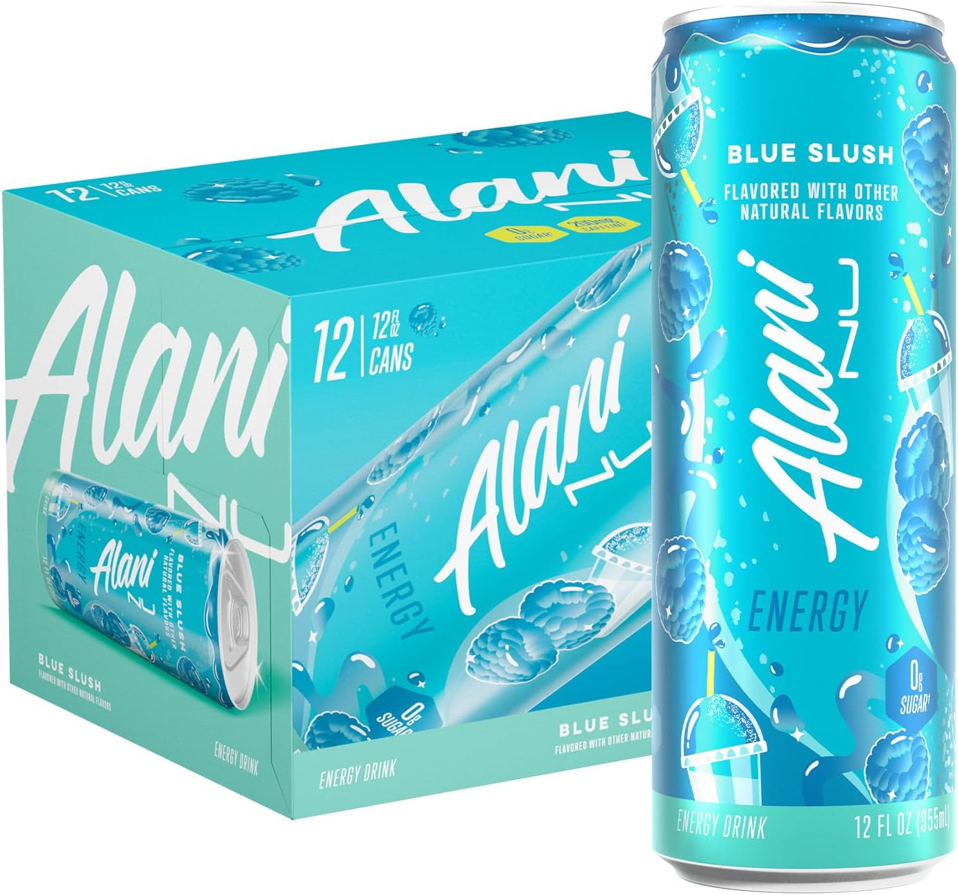 Alani Nu BLUE SLUSH, Sugar Free, Low Calorie Energy Drinks, 200mg Caffeine, Biotin, B Vitamins, Zero Sugar, 10 Calories, 12 Fl Oz Cans, 12 Pack