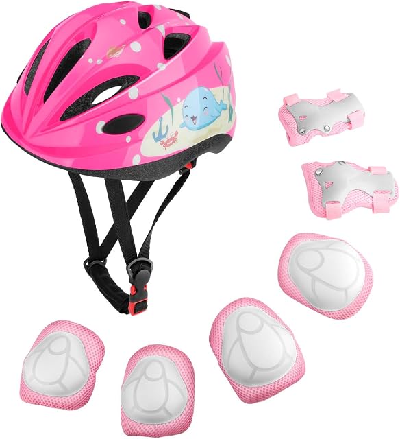 MoKo Sports Protective Gear Set for Kids, Children Adjustable Helmet Knee Pads Elbow Guards Wrist Pads for Skateboarding Inline Roller Skating Cycling Biking BMX Bicycle Scooter for Boys, Girls, Pink
