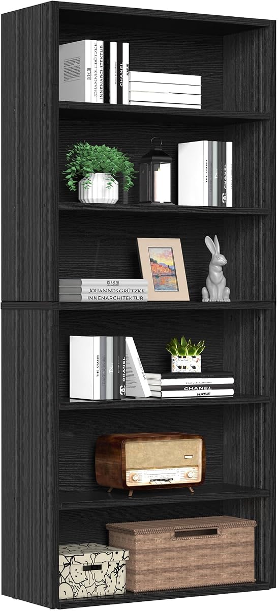 6-Tier Bookcase, 63 Inch Tall Open Bookshelf, Modern Black | Freestanding Wood Book Case, Bedroom Storage, Modern Display Shelf for Living Room, Industrial Book Shelf for Home Office