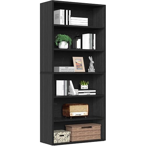 Sweetcrispy 6-Tier Bookcase, 63 Inch Tall Open Bookshelf, Freestanding Wood Book Case, Storage Shelves for Bedroom, Modern Display Bookshelf for Home Office Living Room，Black
