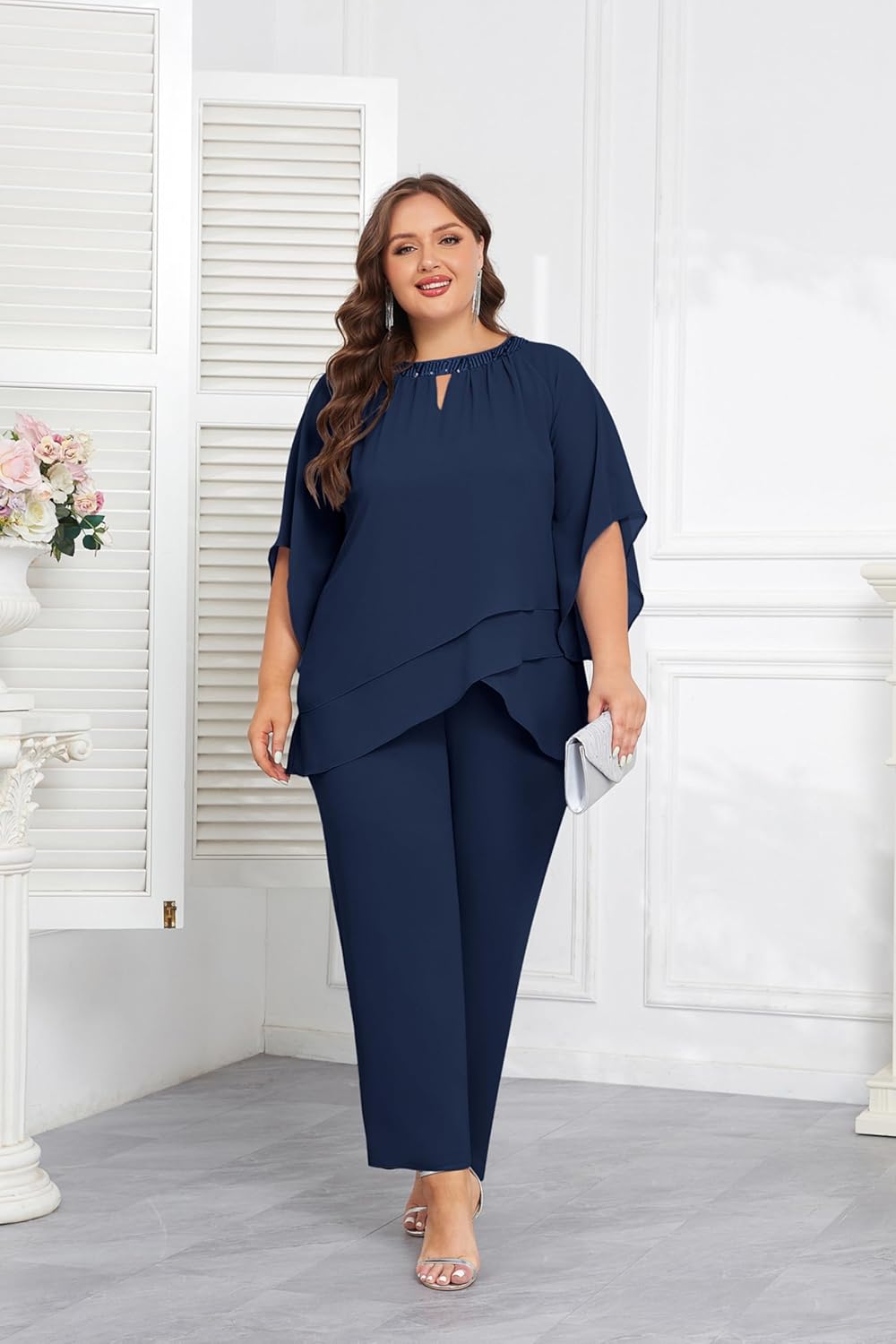 Hanna Nikole Mother of Bride Pant Suits Plus Size Half Sleeve 2 Piece Chiffon Pantsuit Formal Wedding Guest Outfit - Image 2