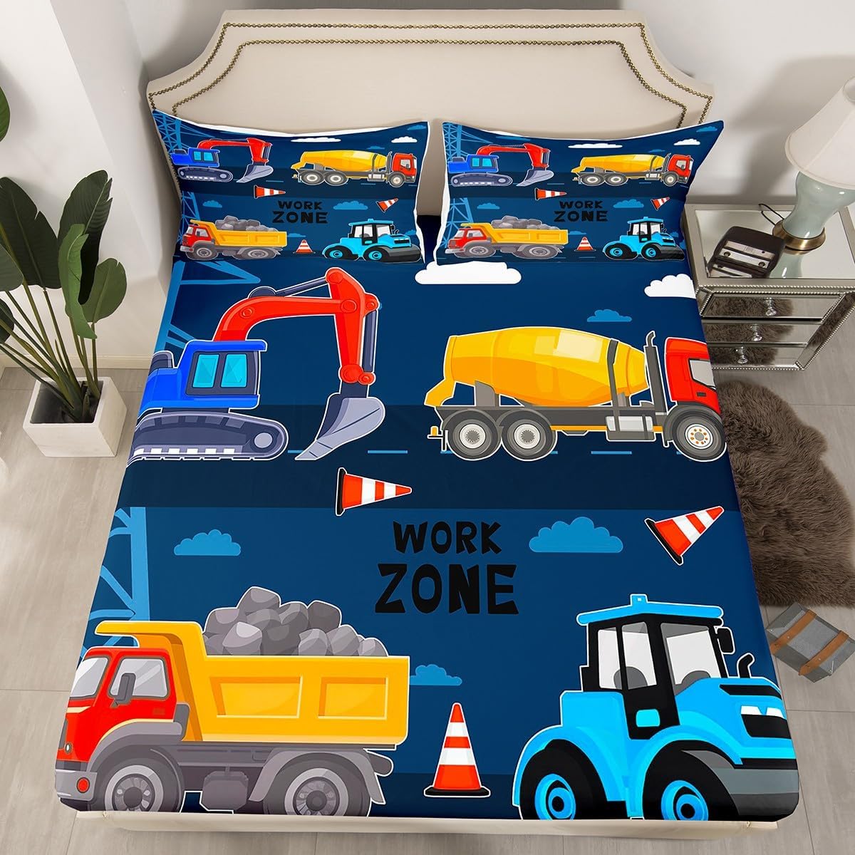 Construction Fitted Sheet Excavator Sheets,Dump Truck Bed Sheets Full,Cement Mixer Roller Bedding Set Big Wheel Car Truck Room Decor