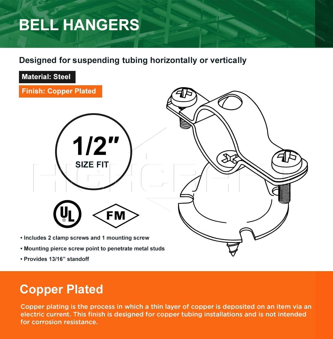 Highcraft ICF-DQ12-10 Bell Hanger; Copper Coated Steel; for 1/2'' Pipe (10PK)