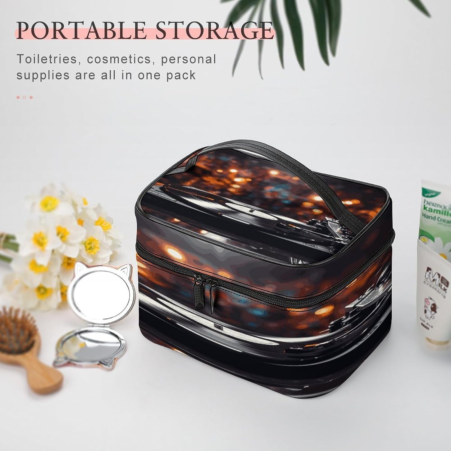 Music Album Frame Travel Makeup Bags Large Capacity Cosmetic Bag for Women Portable Makeup Artist Organizer Bags Waterproof Make Up Bag Lightweight Hand-held Makeup Case image 5