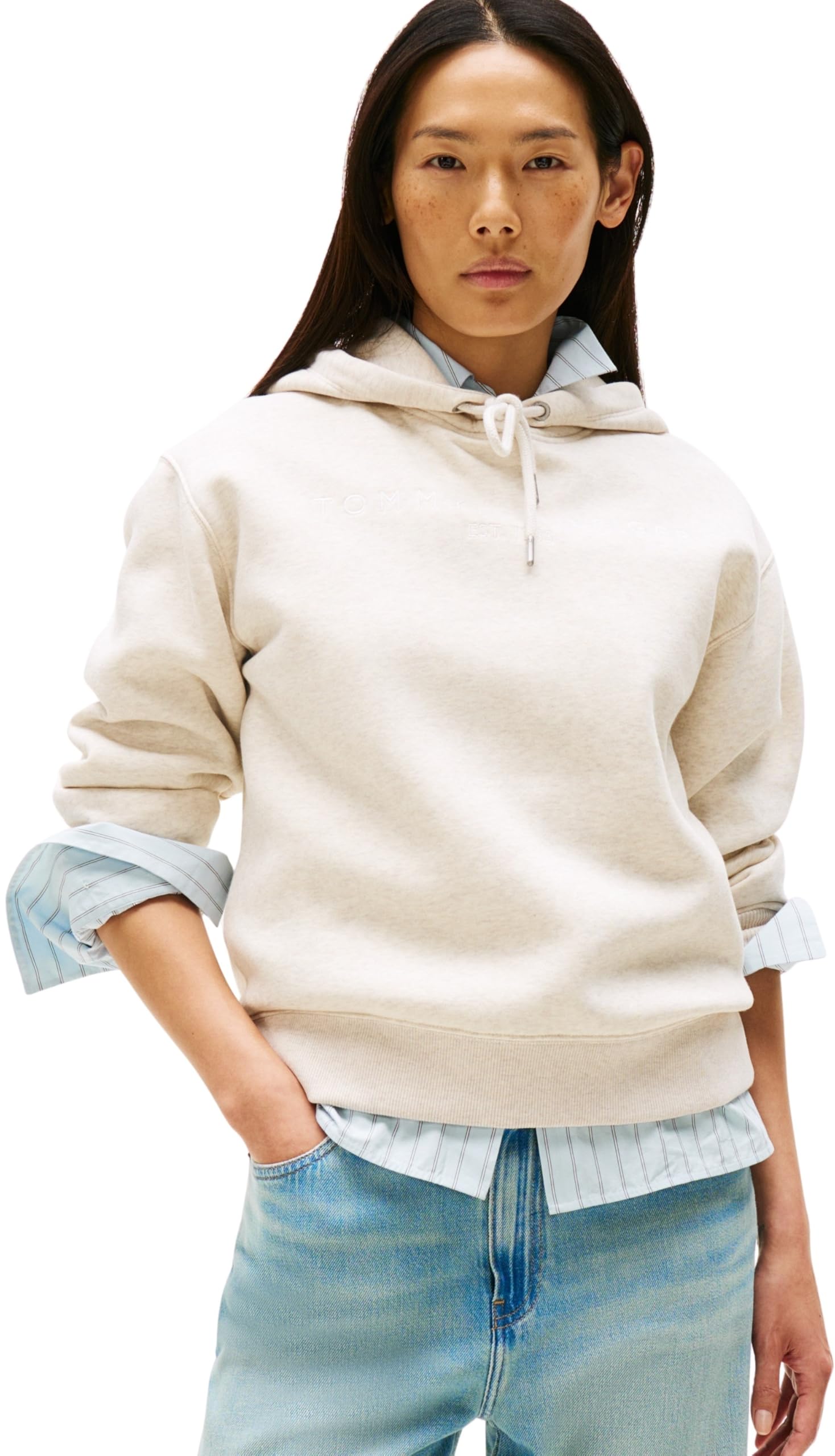 Tommy Hilfiger Women’s Logo Hoodie, Off-White (Heather Oatmilk), XXL