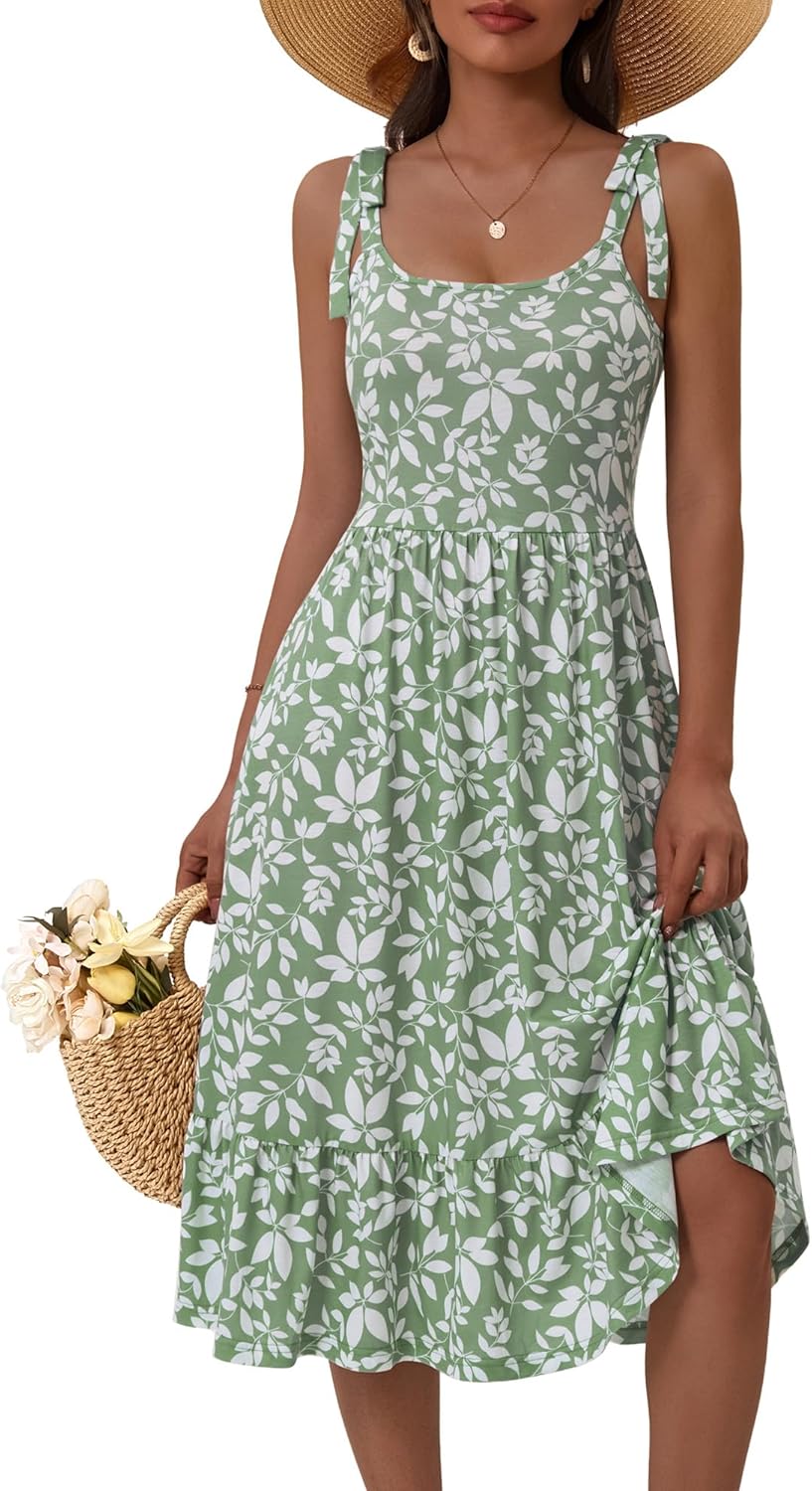 HUHOT Women's 2026 Summer Spring Sundress Elegant Floral Bow Straps Dress with Pockets Elastic Waist Midi Dresses