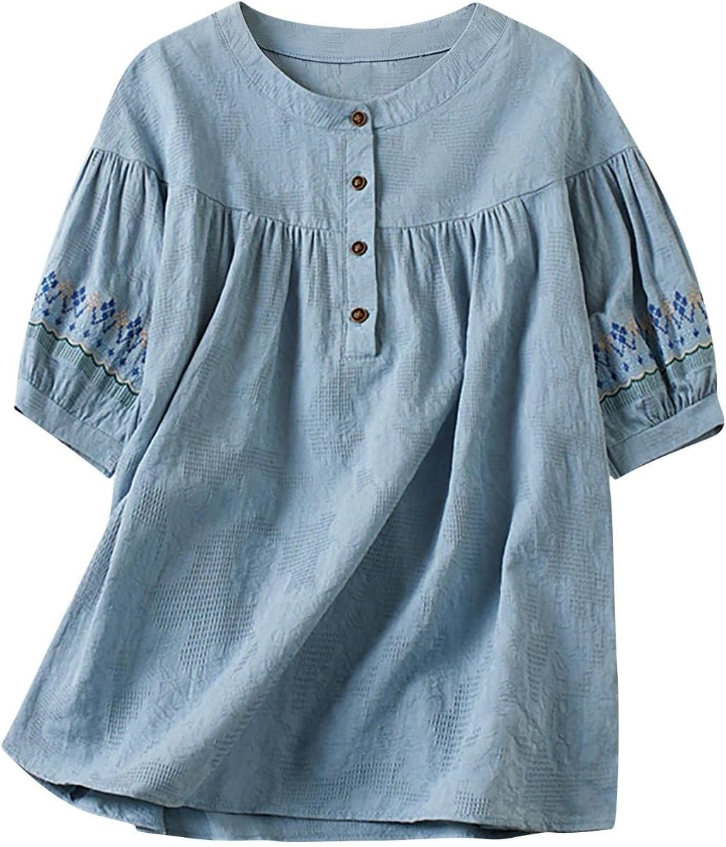 Embroidered Tops for Women Short Sleeve Boho Cotton Linen Shirts Vintage Peasant Blouses Summer Casual Henley Shirts