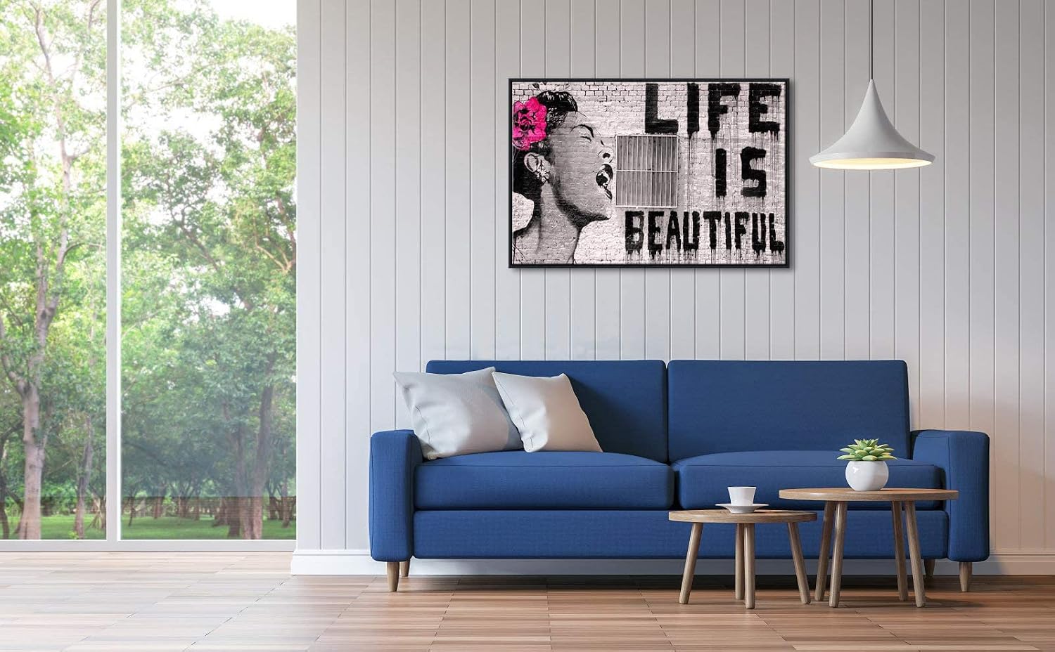 Wieco Art Framed Art Canvas Prints of Banksy Life is Beautiful Abstract Artwork for Wall Decor Black Frame