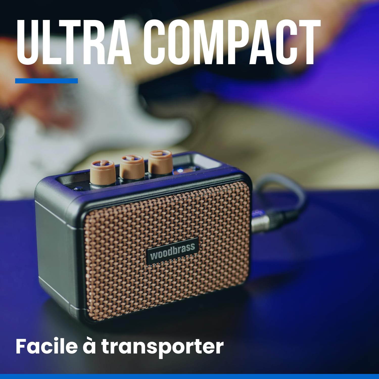 Woodbrass GE5 - Enceinte connectée/Ampli Guitare Électrique 5W Compact et Rechargeable - Clean/Overdrive, Sortie Casque, Enceinte Connectée sans Fil, Format Nomade, 7h d’Autonomie - Blanc/Noir