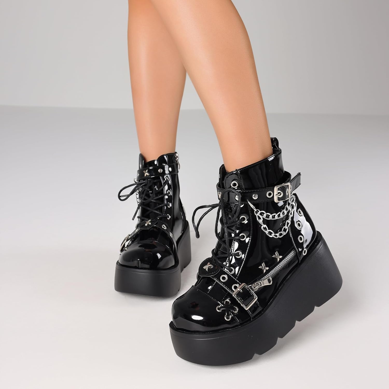 Celbreez Platform Boots for Women Goth Boots Ankle Boot Side Zip Round Toe Wedge Buckle Combat Rave Boot Chunky High Heels Motorcycle Cosplay Party Festival Leather Shoes - Image 2