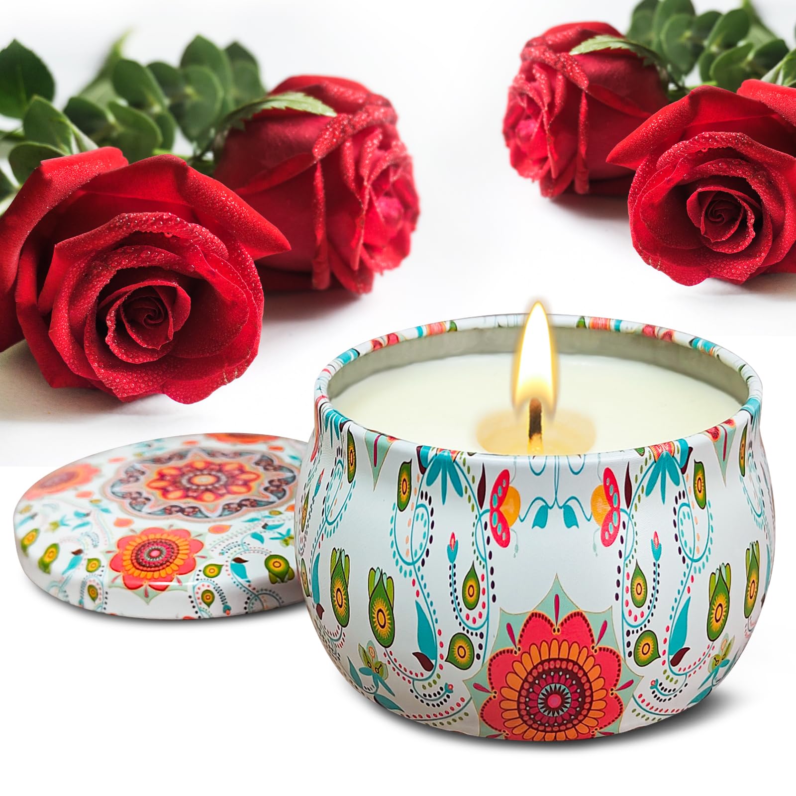 VETOUR Rose Soy Scented Candles:Aromatherapy Wax Jar Candle 1PC 4.4OZ 30 Hours of Burn Time Relaxing Stress Aroma Can Gift for Women Mom Home Bath Yoga Christmas (Bohemian Retro Style)