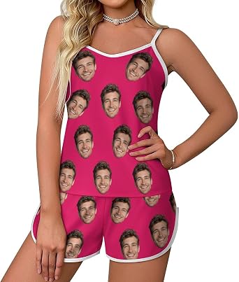 Personalized Pajamas Set with Face Photo Custom Funny Pajamas for Women Satin Suspender Pajamas Gift Family S-3XL