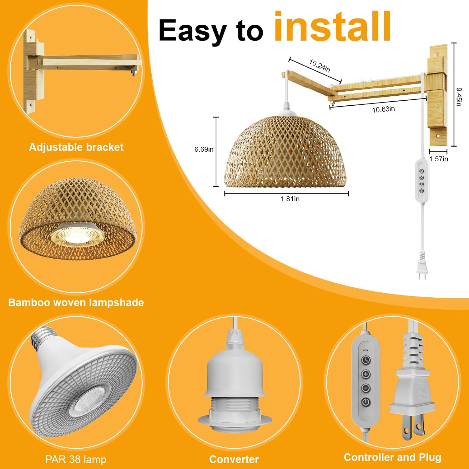 RDJ Bouns Hanging Grow Lights for Indoor Plants 20W Full Spectrum Rattan Lamp,Boho Bamboo Shade,4000K Wall Mounted Grow Light with 9.8ft Cord, Monstera Grow Light for Indoor Tall Plants & Home Decor