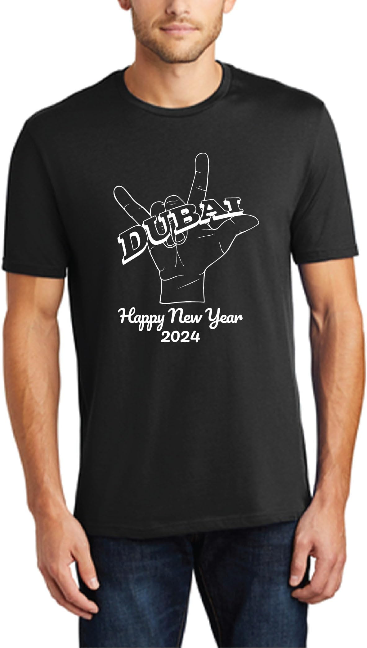 GenericHappy New Year Dubai Adult Mens T-Shirt - Round Neck Short Sleeve Cotton T-Shirt - Happy New Year with Dubai Design - Perfect for New Year Party Celebration
