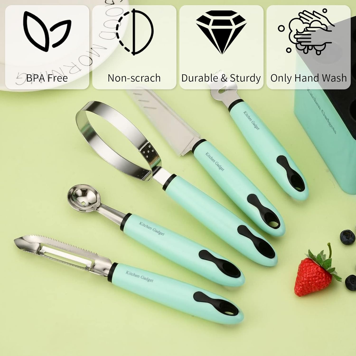 Fruit Gadget Set 5 Pcs, Multi-functional Tools with Storage Holder, Stainless Steel Melon Dig Scoop, Peeler, Pule Separator for DIY Fruits Platter, Ice Cream Ball