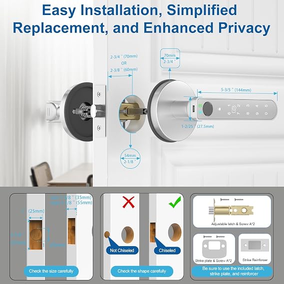 Fingerprint Door Lock Smart Fingerprint Door Knob with Keyless Entry Biometric Door Lock with Keypad App Control Easy Installation for Home Bedroom Office(Silver)
