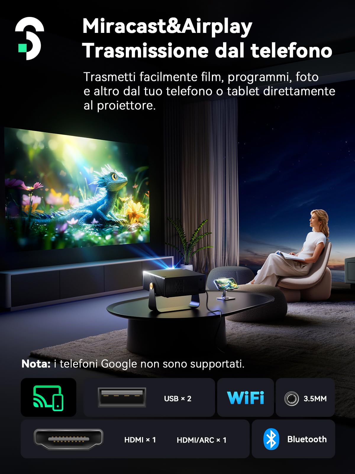 SOOMFON SK3 Proiettore Portatile 4K Supporta 1080P Nativo Smart TV | Auto Focus e Keystone Videoproiettore 500 ANSI WiFi Bluetooth 360° Rotation Netflix Compatibile per HDMI/Home Cinema/Esterni