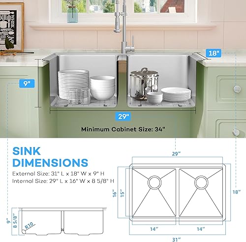 Vista 140 de LQS Fregadero de cocina dorado de 31 pulgadas, fregadero de cocina de acero inoxidable 50/50 de 31 x 18 pulgadas, fregadero de cocina de acero
