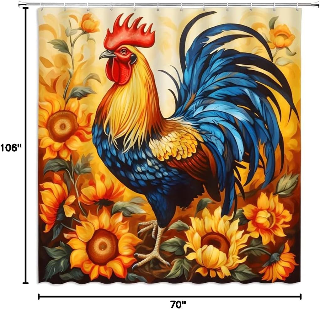 Colorful Rooster Shower Curtain Rustic Farmhouse Cock Chicken Sunflower Animals Plants Nature Scenery Fabric Bathroom Decor Curtains with Hooks,106 x 70