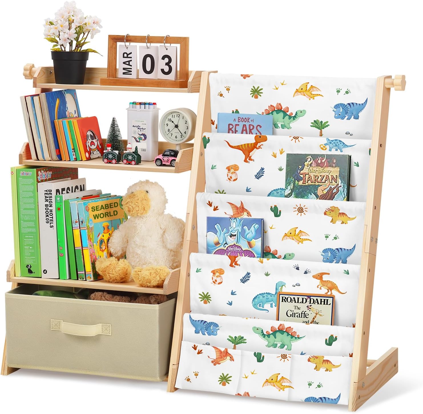 Kids Bookshelf and Toy Storage Organizer Wooden 2 in 1 Toddler Bookcase-4 Tier Book Shelf with Toy Box for Kids Room,Nursery,Playroom