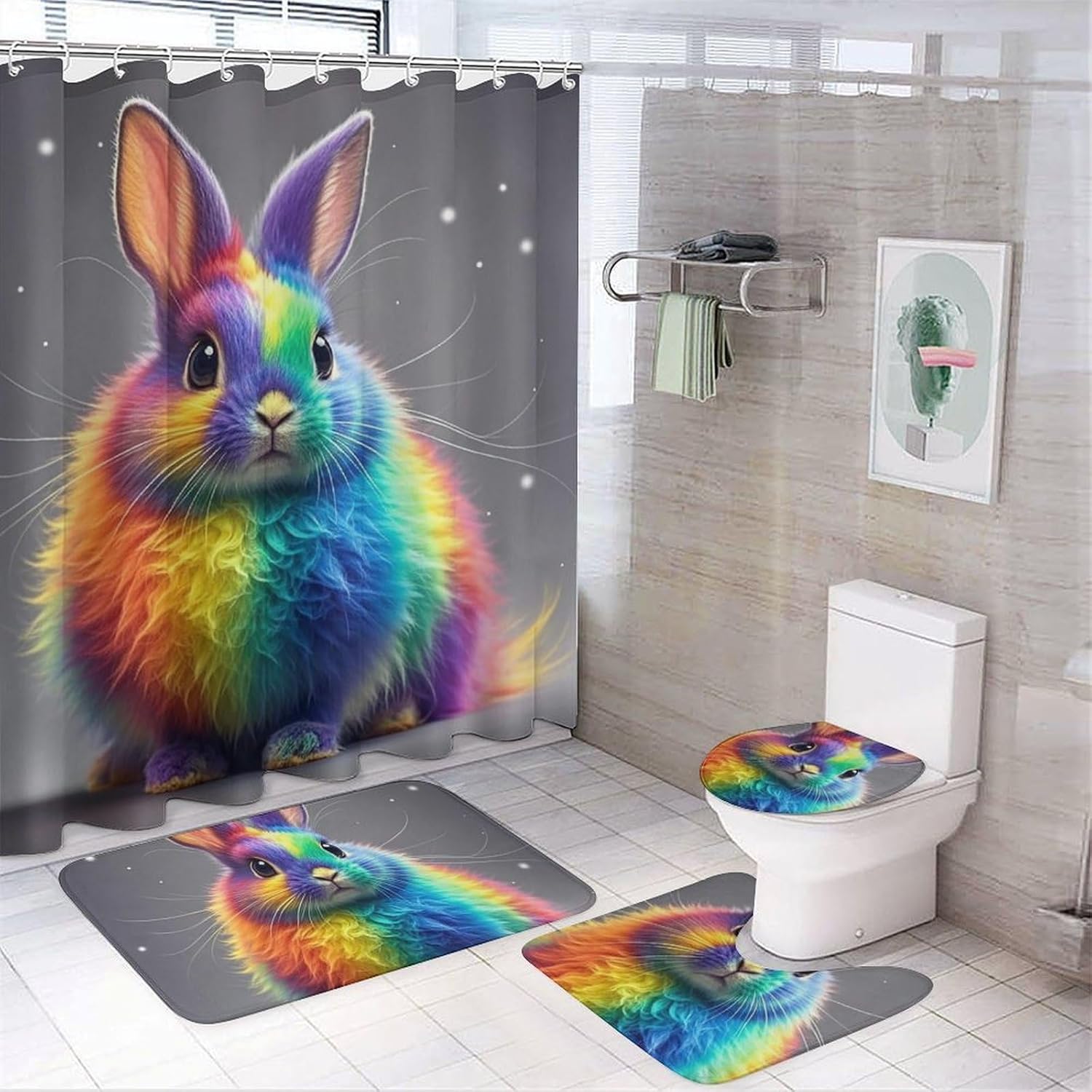 4 Piece Bathroom Rug Set with Shower Curtain, Non-Slip Bath Mat Toilet Cover Set, Rainbow Rabbit Bathroom Rug Sets