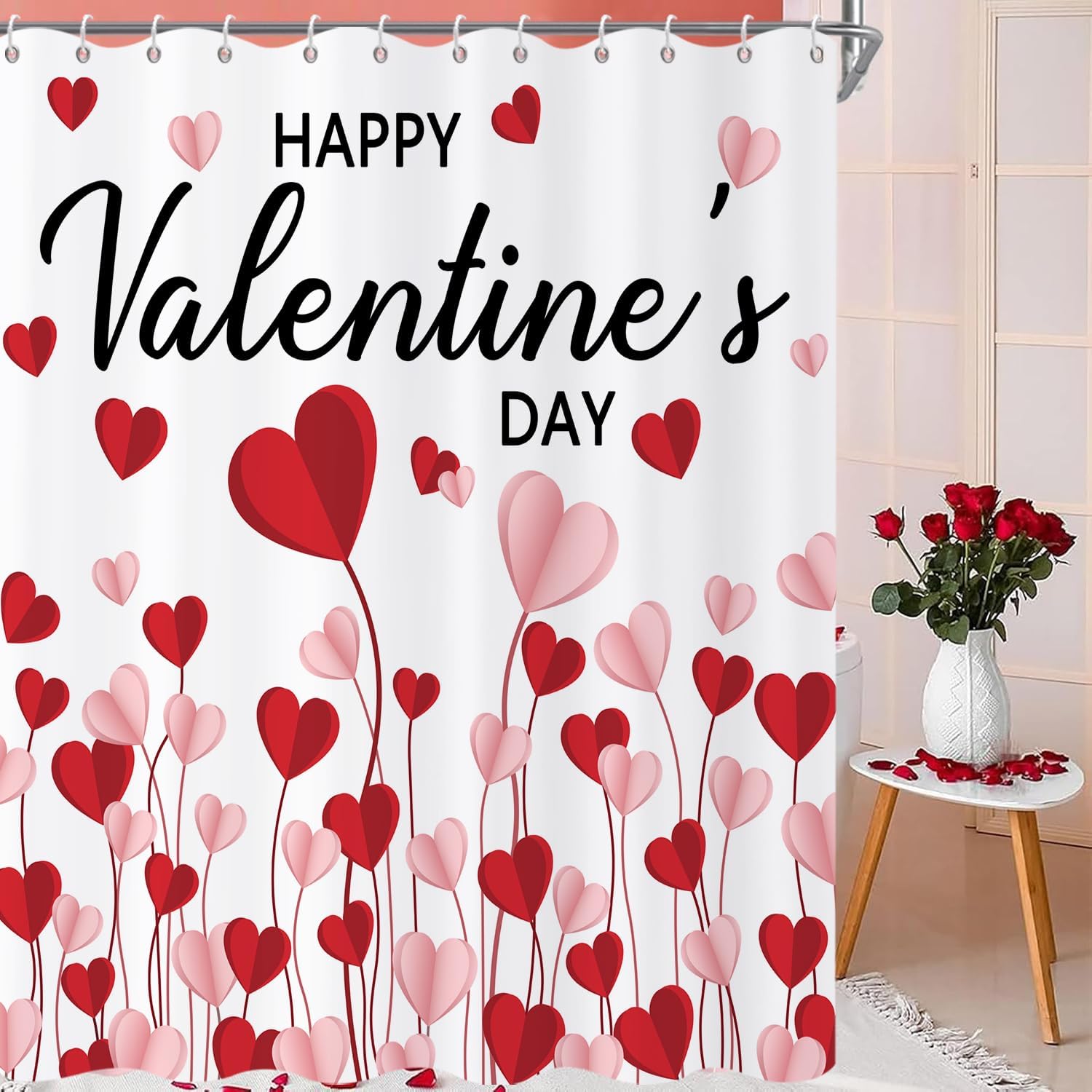Happy Valentine Shower Curtain, Red and Pink Sweet Love Heart Romantic Girly Bathroom Curtain Waterproof Fabric Machine Washable with Hooks, 72" Wx84 L