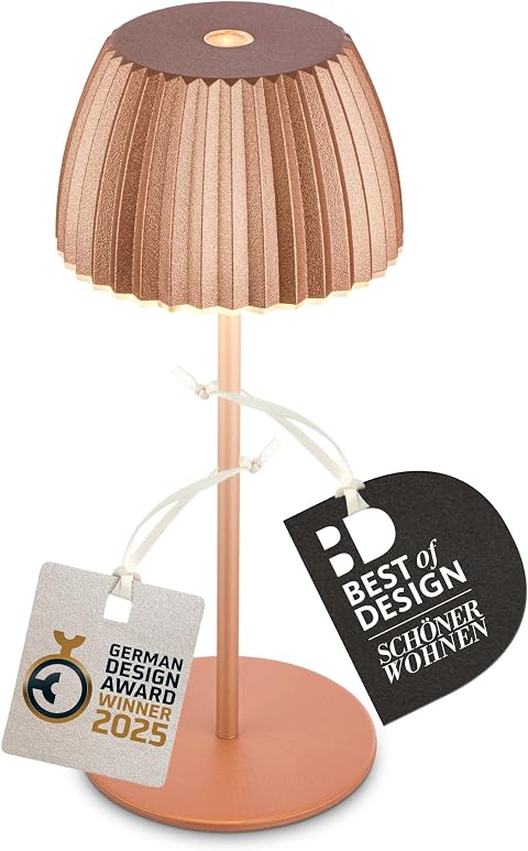 BRILONER - Riffle Mini LED Tischlampe kabellos IP44 mit Lichtkante, Touchdimmer, Akku tauschbar, Nachttischlampe, LED Lampe, Akku Lampe, German Design Award Winner 2025, 8,5 x 20 cm, Kupferfarbig