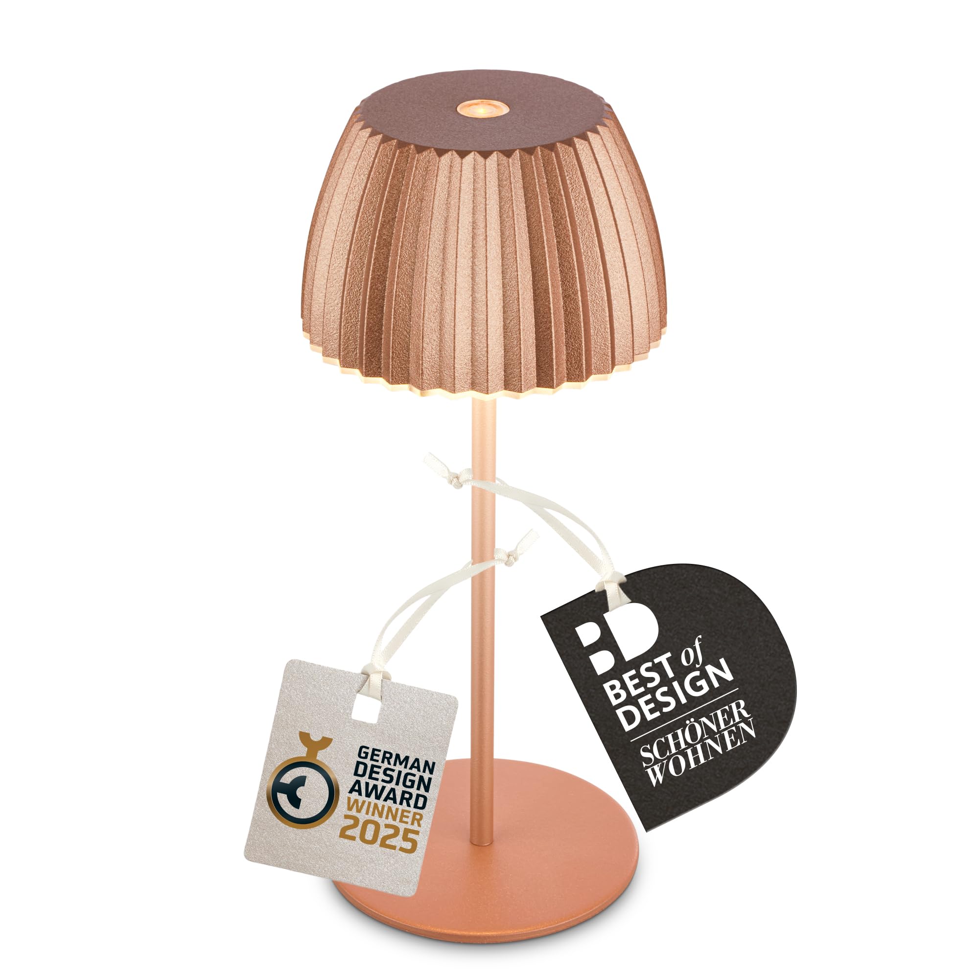 BRILONER - Riffle Mini LED Tischlampe kabellos IP44 mit Lichtkante, Touchdimmer, Akku tauschbar, Nachttischlampe, LED Lampe, Akku Lampe, German Design Award Winner 2025, 8,5 x 20 cm, Kupferfarbig