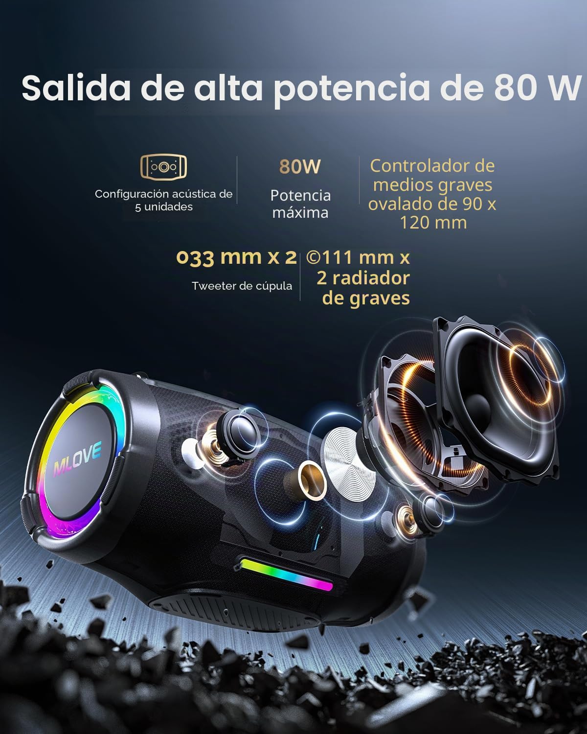 MLOVE E90 Altavoz Portátil Bluetooth Inalámbrico Impermeable RGB LED Luz True Wireless Stereo, Bluetooth 5.4, Micro-SD, Memoria USB, Jack 3,5mm, Carga Type C, Negro