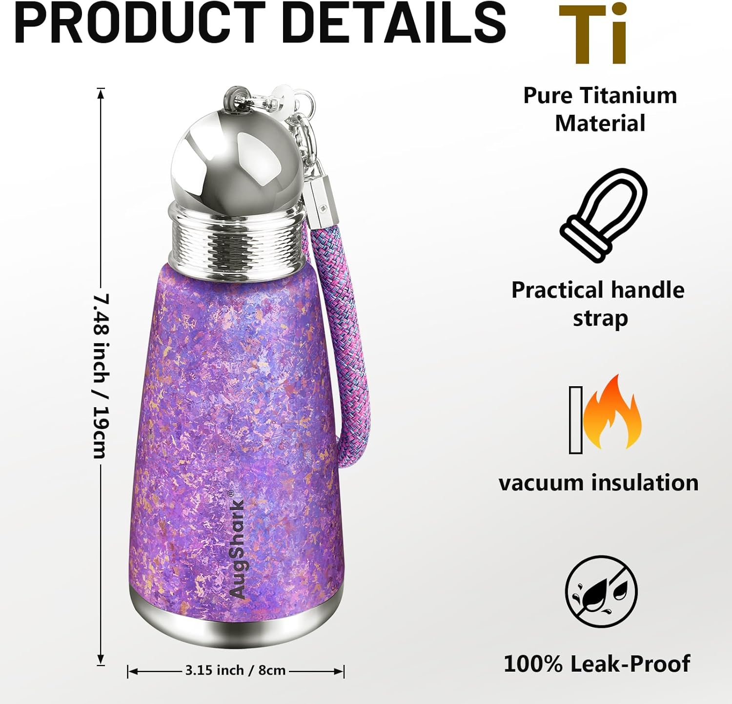 Pure Titanium Water Bottle,12 oz Frosted Purple Insulated Travel Coffee Mug Cup with Lid Straw Weaving Rope Handle Tumblers,Ultralight Leak-Proof Vaccum Camping Flask Keep Cold 12H Hot 12H