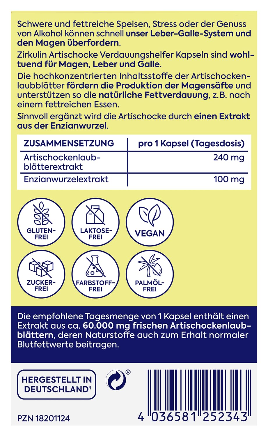 Zirkulin Artischocke Verdauungshelfer 180 Kapseln - 60.000mg pro Kapsel- Hochdosiert - effektive Unterstützung der natürlichen Fettverdauung - wohltuend für Magen, Leber und Galle