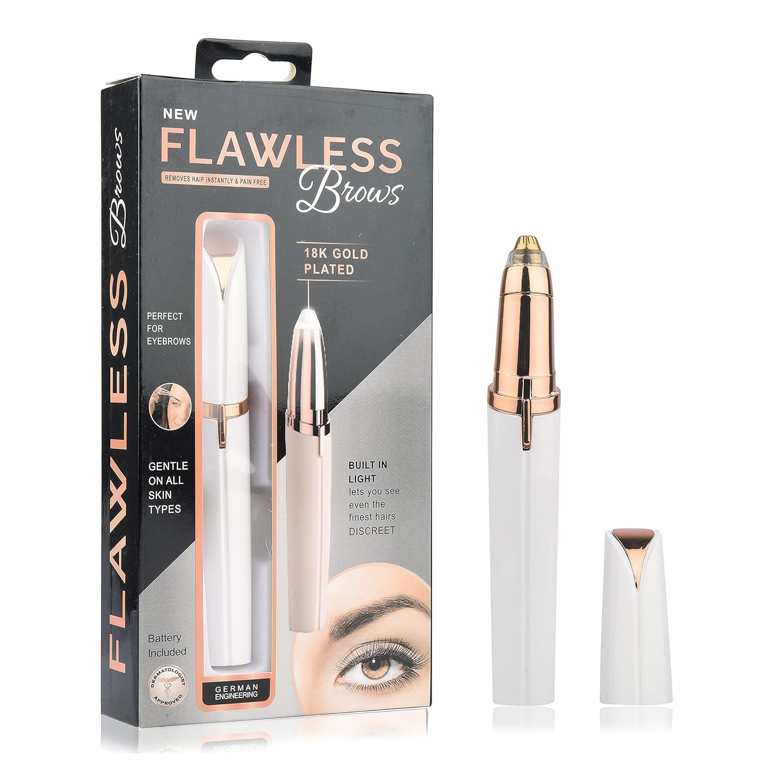 M-SIS Flawless Eyebrow Trimmer for women. Pless,Touch sensitive,18K Gold Platted Battery operated Eyebrow Hair Remover For women (Non rechargeable)