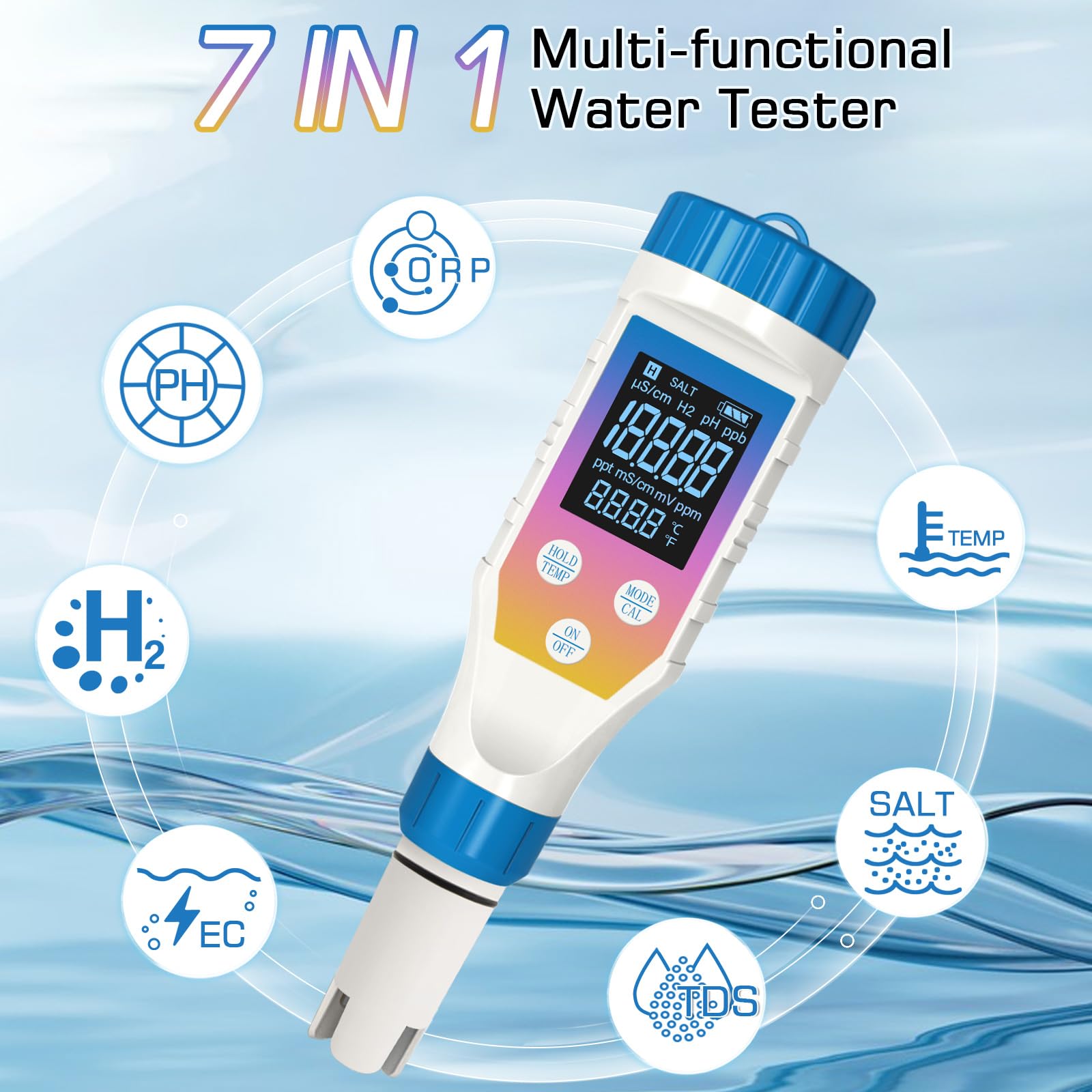 7 in 1 pHmetro per acqua, Kit pH/H2/TMEP/EC/TDS/ORP/SALINITÀ, Tester di Salinità per Acquari, Misuratore ORP per Acqua Ricca di Idrogeno, Misuratore TDS e EC per Idroponica