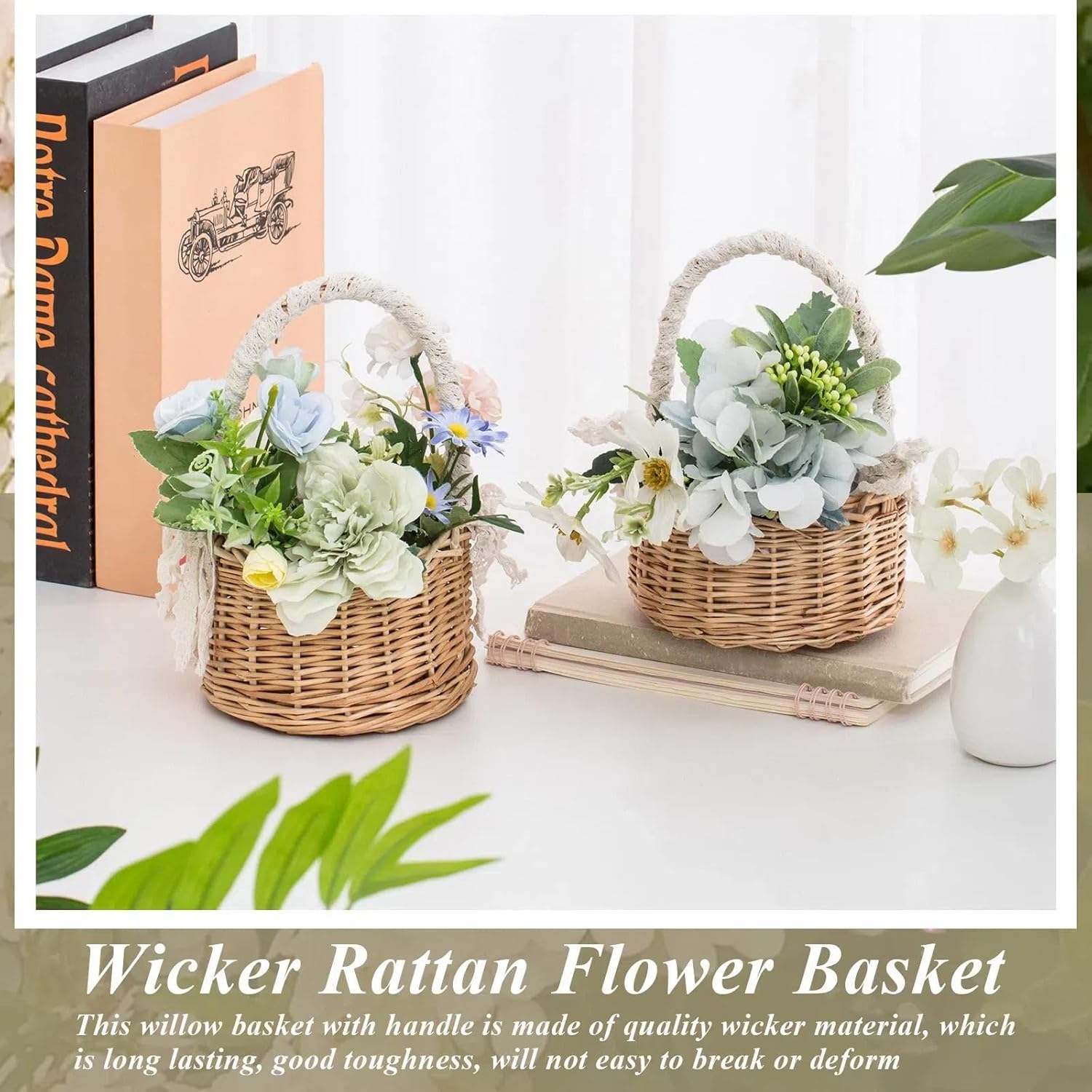 Thyle 4 Pcs Flower Girl Baskets with Handle, 7.87 x 4.33 Inch, Wicker Rattan, Lightweight, Brown