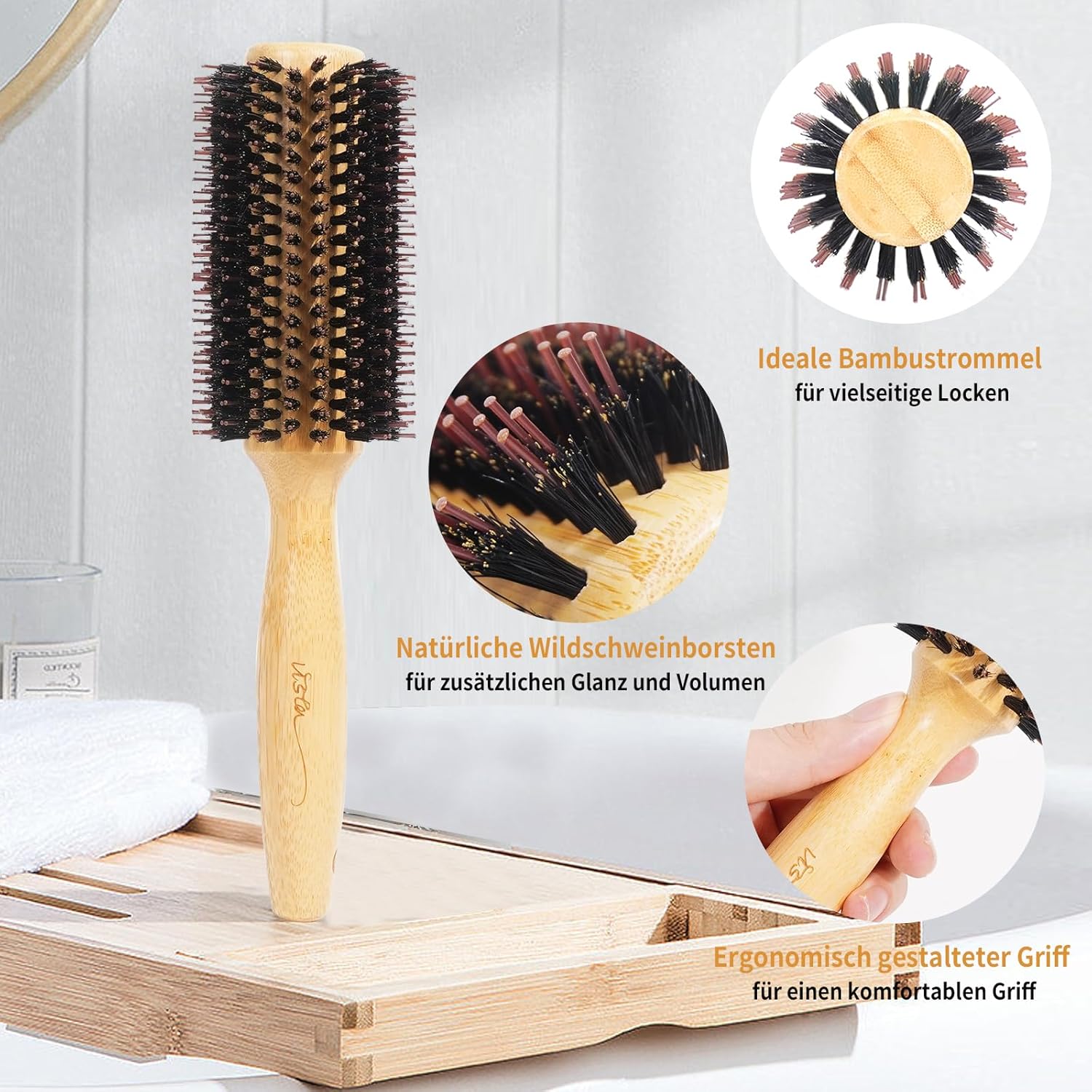 Vista Round Hair Brush with 10mm Boar Bristle 15mm Nylon Bristle Hairbrushes for Women Bamboo Hair Brush Styling with Tail Comb for Blow Drying, Shiny, Smooth, Long, Curly Hair - Image 2
