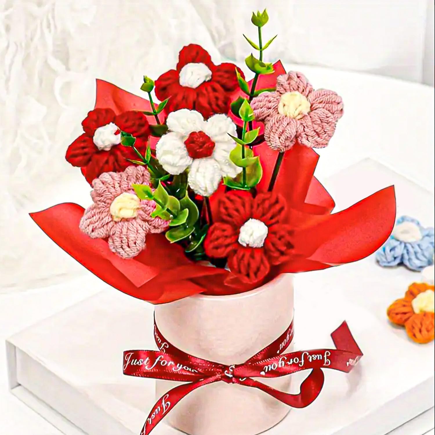 Red Cherry Blossom Crochet Flowers Bouquet (Small Size) | Knitted Flowers For Gifting | Woolen Bouquet Perfect For Crochet Gifts | Handmade Bouquets Gift-image-28