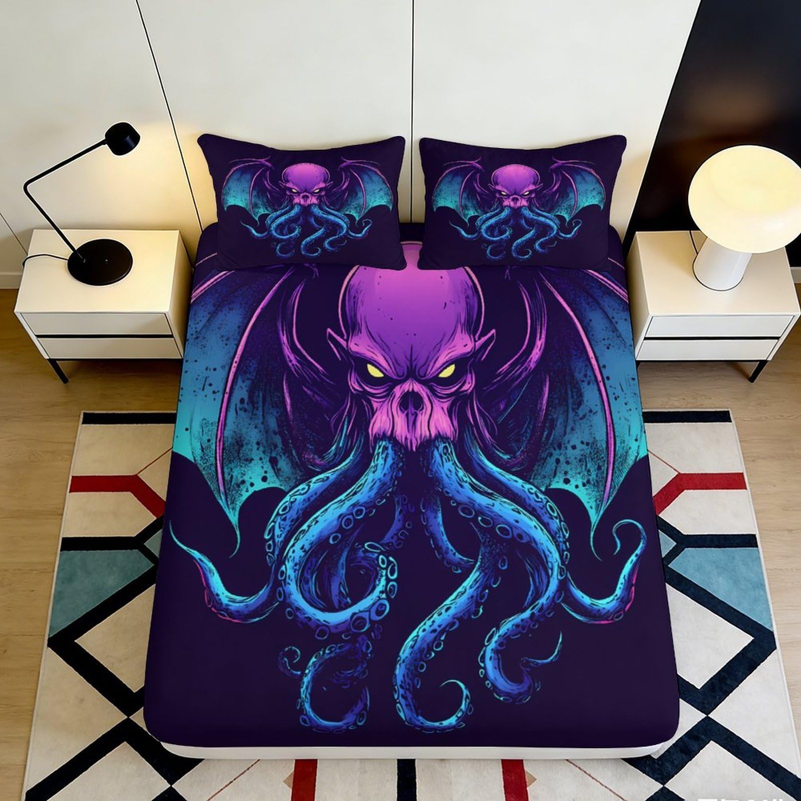 3D Printed Purple Octopus Design Fitted Sheet Microfiber Soft Durable Blue Tentacles Bed Cover for Bedroom Dormitory Guest Room Mattress Protection 160x200x25cm