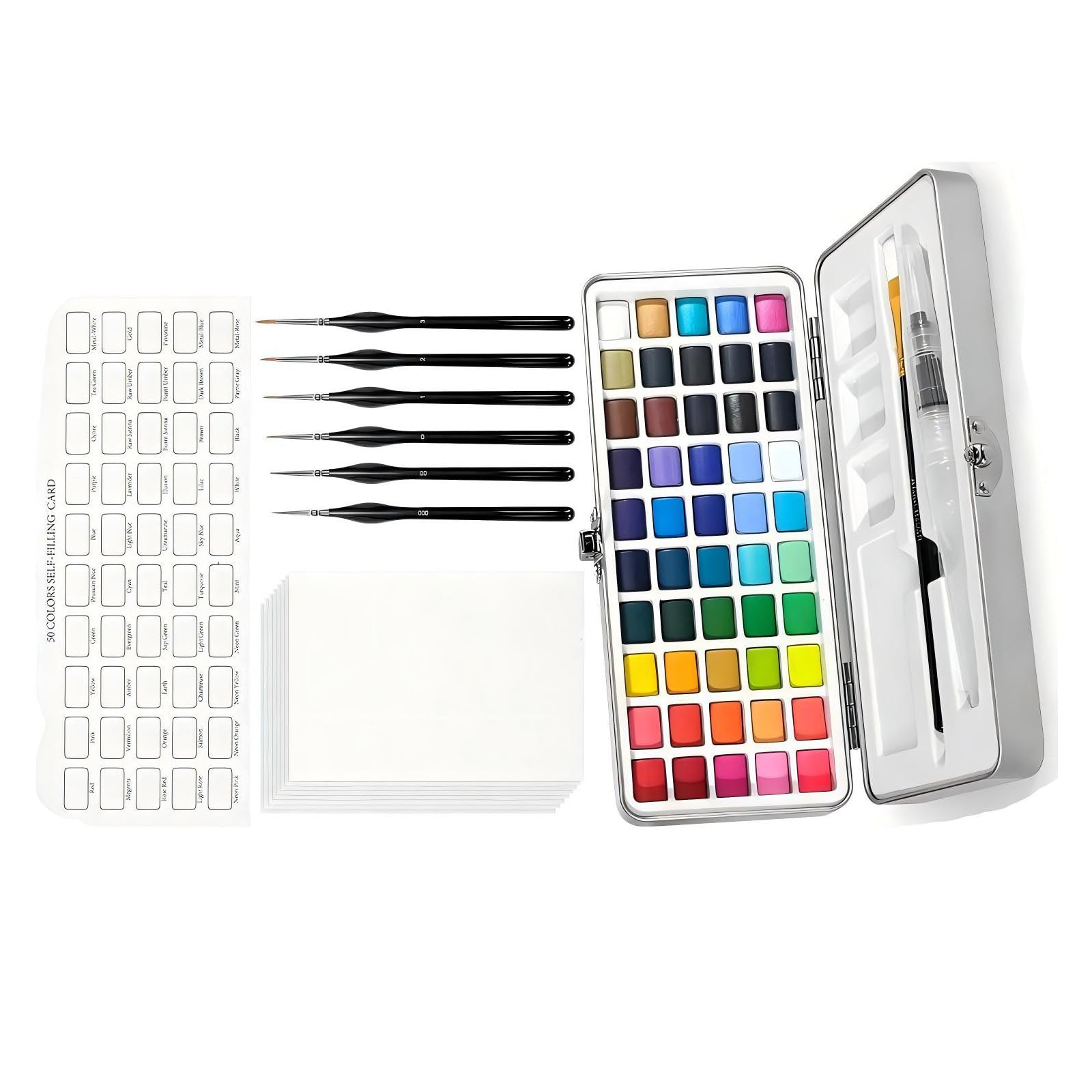 Set di pittura ad acquerello con 50 colori, latta di metallo e strumenti a pennello per pratica artistica domestica, schizzi di viaggio e pittura all'aperto